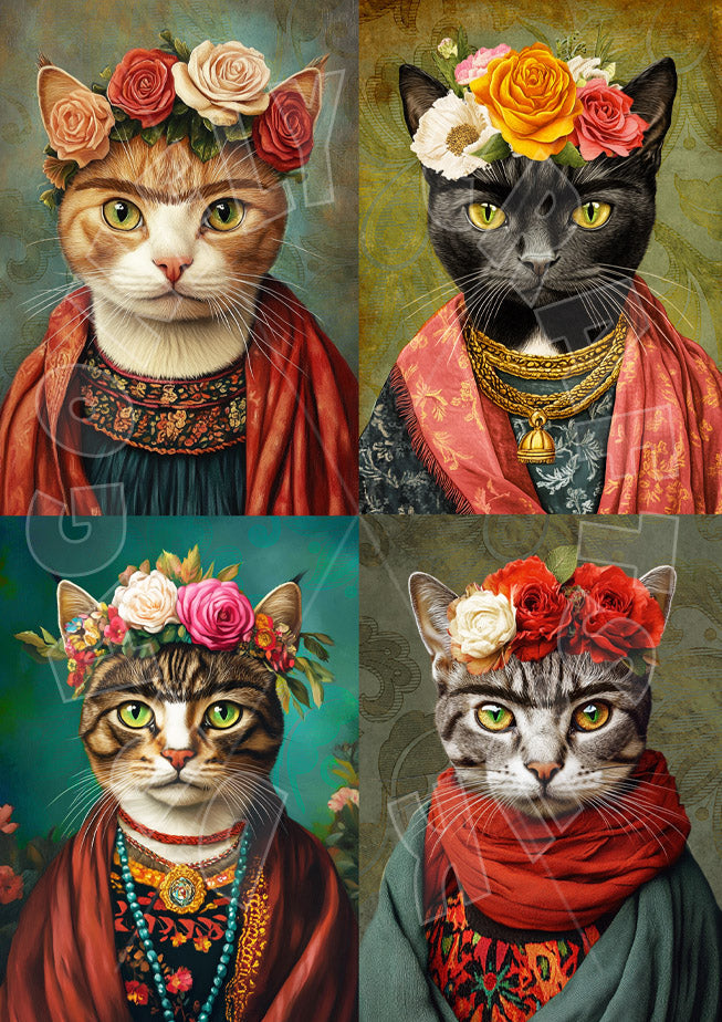 4 Katzenköpfe mit Blumen als Frida Kahlo Decoupage Papier