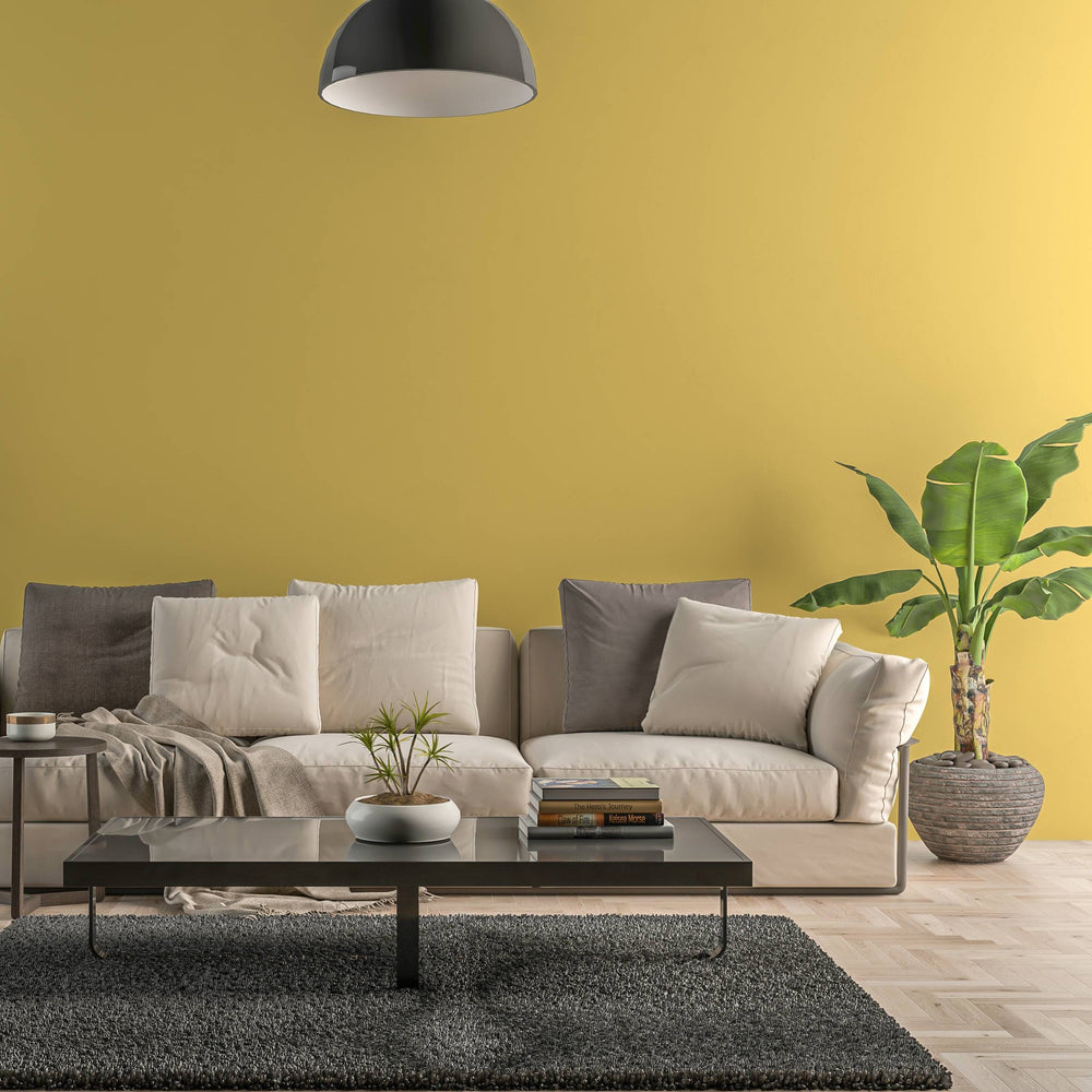 Bild eines Wohnzimmers mit gestrichener Wand in Yellowchair Kreidefarbe Nr. 350Y