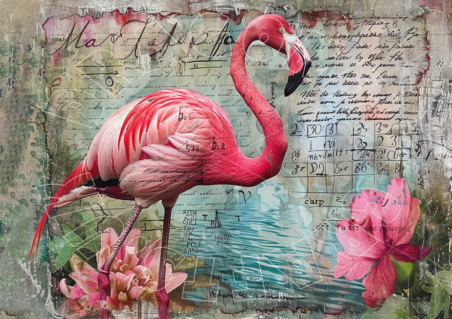 Flamingo mit Blume und Schrift im Hintergrund Decoupagepapier