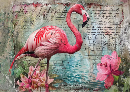 Flamingo mit Blume und Schrift im Hintergrund Decoupagepapier