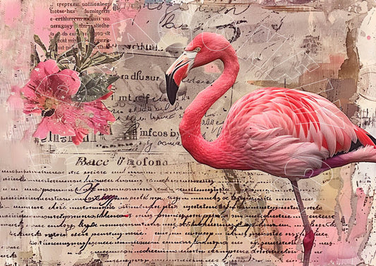 Flamingo Collage 2 Decoupage Papier mit Flamingo und Schrift im Hintergrund
