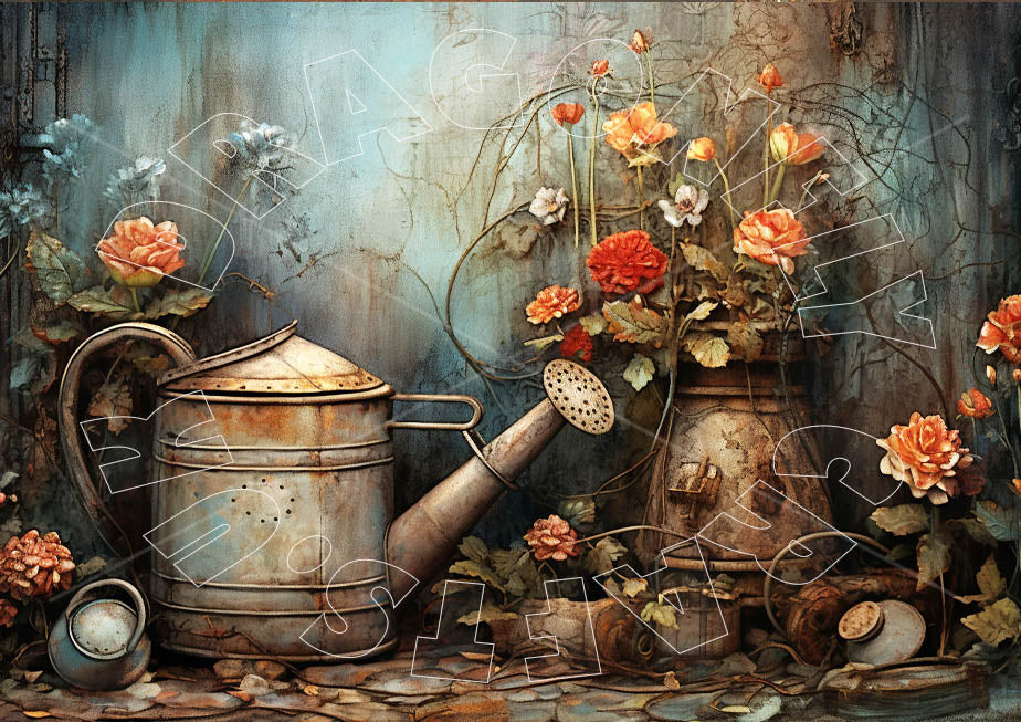 Gieskanne im Garten verwildert Decoupage Papier